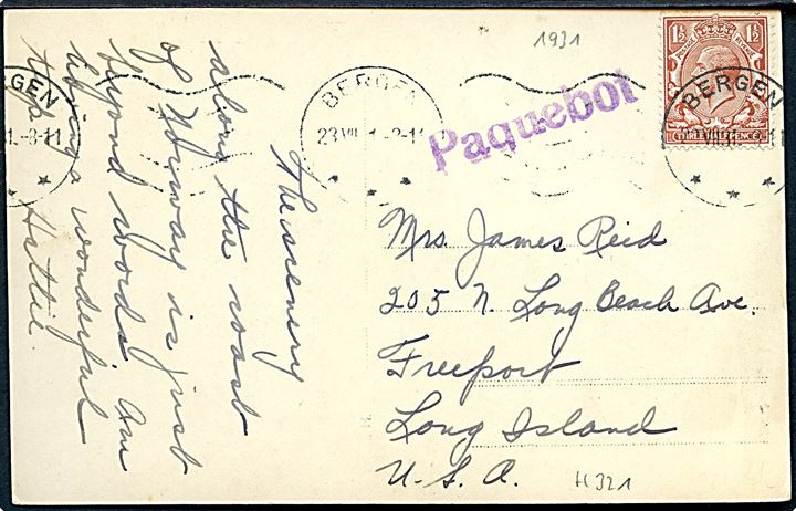 Engelsk 1½d George V på brevkort (Stalheim, Norge) annulleret med maskinstempel Bergen d. 23.7.1931 og sidestemplet Paquebot til Freeport, Long Island, USA.
