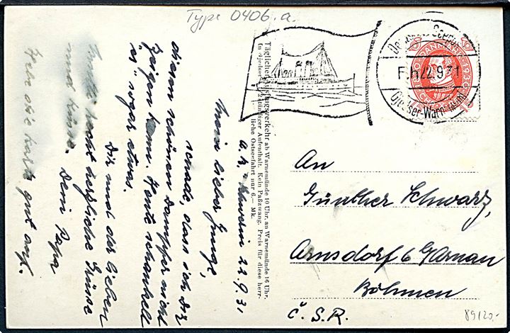15 øre Chr. X 60 år på brevkort (Salon-Fährschiff Schwerin) annulleret med tysk skibsstempel Deutsche Seepost Gjedser-Warnemünde F.h. d. 22.9.1931 til Arnsdorf i Böhmen, Tjekkoslovakiet.
