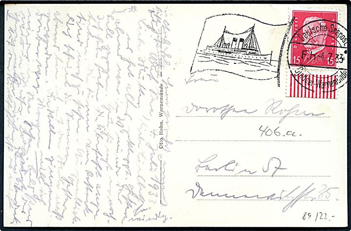 Tysk 15 pfg. Hindenburg på brevkort (Warnemünde færgehavn) annulleret med skibsstempel Deutsche Seepost Gjedser - Warnemünde F.h. d. 4.7.1933 til Berlin.