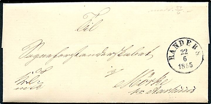 1855. Tjenestebrev mærket K.T.m.a. med antiqua Randers d. 22.6.1855til Sogneforstanderskabet i Mörke pr. Aarhuus. Fuldt indhold. Påskrevet Modtaget 24/6.