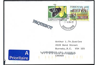 3,50 kr. og 4 kr. på blandingsfrankeret skibsbrev annulleret Midtsjællands Postcenter d. 24.6.1996 og sidestemplet Paquebot til Burnaby, Canada.