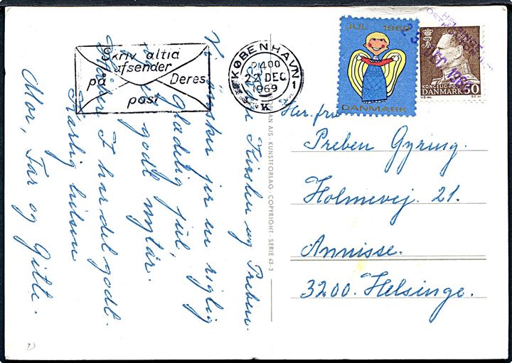 50 øre Fr. IX og Julemærke 1969 på julekort med skævt placeret TMS fra København d. 22.12.1969 til Helsinge. Frimærker annulleret ved ankomst med trodat stempel Helsinge Postkontor d. 23.12.1969.