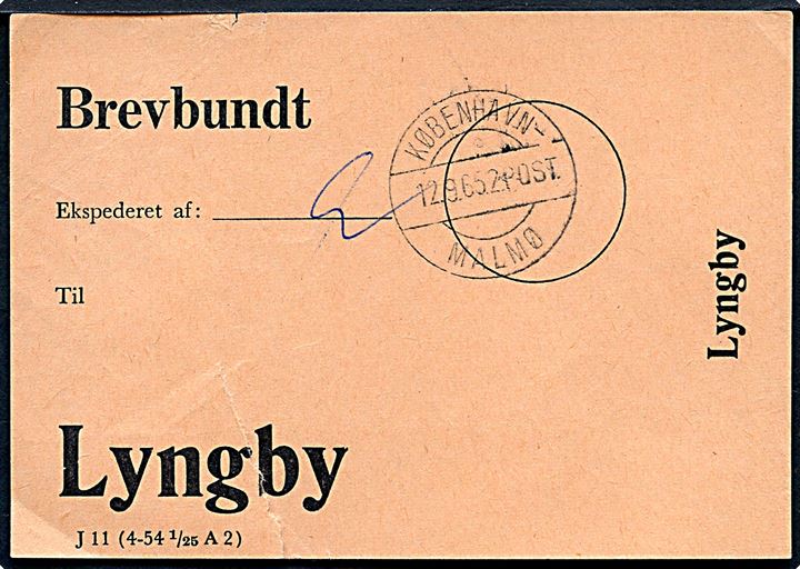 Brevbundt seddel formular J11 (4-54 1/25 A2) stemplet København - Malmø 2POST d. 12.9.1965 til Lyngby. Rift.