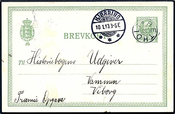 5 øre Fr. VIII helsagsbrevkort annulleret med stjernestempel RETHOLT og sidestemplet Hjørring d. 10.1.1913 til Vammen pr. Viborg.