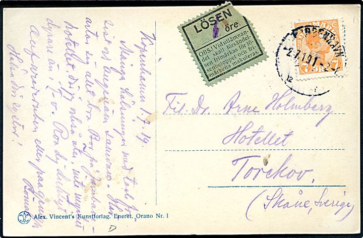 7 øre Chr. X på underfrankeret brevkort fra Kjøbenhavn d. 2.7.1919 til Torekov, Sverige. Påsat svensk 6 öre Lösen etiket.