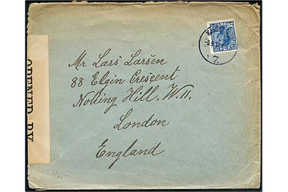 20 øre Chr. X på brev fra Kjøbenhavn d. 9.9.1918 til London, England. Åbnet af britisk censur no. 1143.