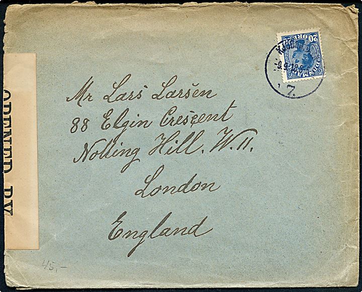 20 øre Chr. X på brev fra Kjøbenhavn d. 9.9.1918 til London, England. Åbnet af britisk censur no. 1143.