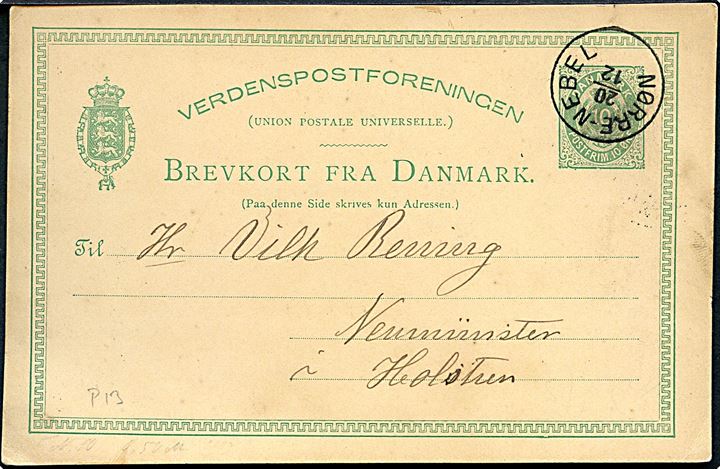 10 øre helsagsbrevkort annulleret med lapidar Nørre-Nebel d. 20.12.1886 til Neumünster, Tyskland.