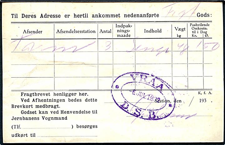 7 øre helsagsbrevkort (fabr. 103-H) anvendt som lokalt adviskort fra De Danske Statsbaner i Vraa d. 7.7.1932. På bagsiden ovalt jernbanestempel VRAA * D.S.B. * d. 6.7.1932. folder.