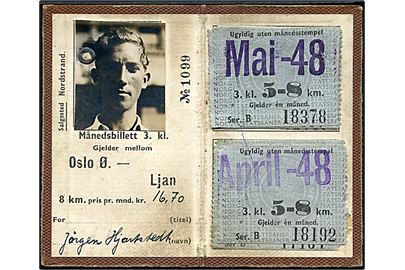 Norske Statsbaner togkort med foto og månedsbillet for april og maj 1948.