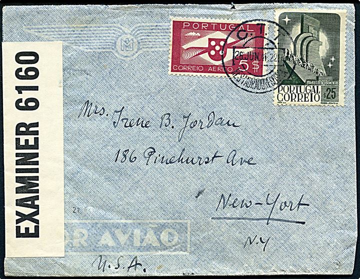5$ og 0.25$ på luftpostbrev stemplet Lissabon d. 26.6.1941 til New York, USA. Åbnet af britisk censur censur PC90/6160. På bagsiden mulig undercover afsender med polsk-lydende navn og Caixa 512, Lisboa.