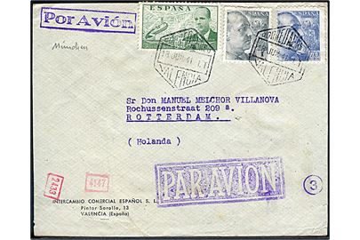 70 cts. (2) Franco og 2 pts. Luftpost på luftpostbrev fra Valencia d. 18.6.1941 til Rotterdam, Holland. Spansk censur fra Valencia og åbnet af tysk censur i München.