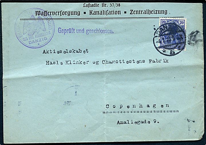 20 pfg. Germania på brev fra Danzig d. 4.1.1915 til København, Danmark. Lokal tysk censur fra Danzig.