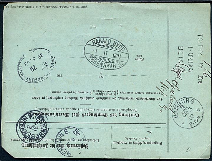 20 pfg. (2) og 50 pfg. Germania på internationalt adressekort for pakke fra Heubach, Württemberg d. 28.3.1903 til Kjøbenhavn, Danmark. Et mærke med hj.skade.