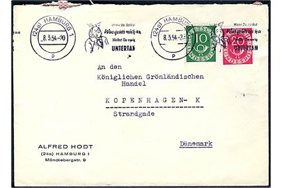 10 pfg. og 20 pfg. Ciffer på brev fra Hamburg d. 8.3.1954 til Kongelig Grønlandske Handel i København.