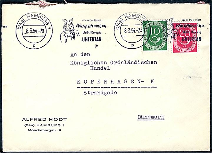 10 pfg. og 20 pfg. Ciffer på brev fra Hamburg d. 8.3.1954 til Kongelig Grønlandske Handel i København.