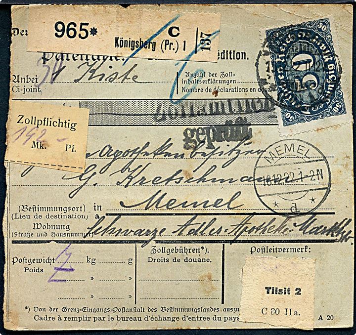 50 mk. og 100 mk. (3) Infla udg. på for- og bagside af adressekort for pakke fra Königsberg d. 15.12.1922 til Memel. Ank.stemplet d. 16.12.1922. 
