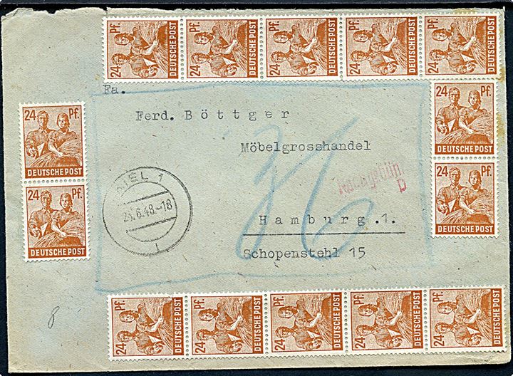 16 pfg. (9) og 24 pfg. (14) ustemplet på for- og bagside af forsent afsendt Zehnfach-brev fra Kiel d. 25.6.1948 til Hamburg. Udtakseret i 36 pfg. porto. Zehnfach i Vest-zonen var kun gyldig i dagene 21.-22.6.1948.