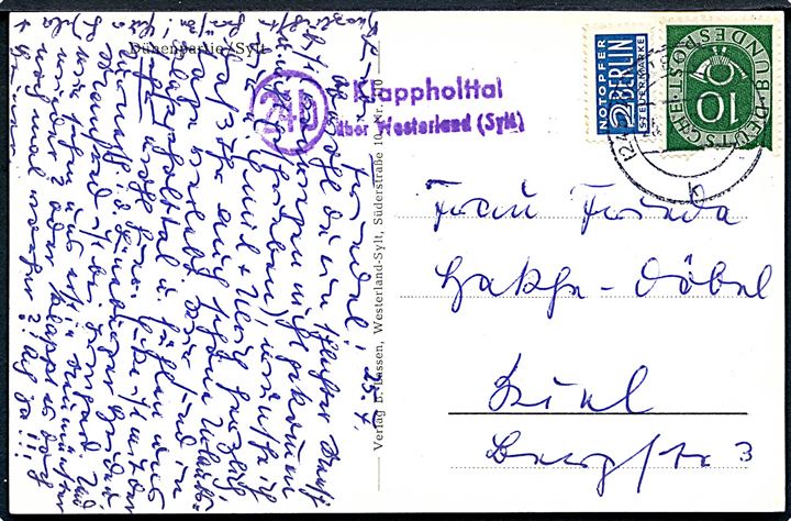 10 pfg. Ciffer (defekt) og 2 pfg. Berlin Notopfer på brevkort stemplet Westerland (Sylt) d. 25.7.1952 og sidestemplet (24b) Klappholttal über Westerland (Sylt) til Kiel.