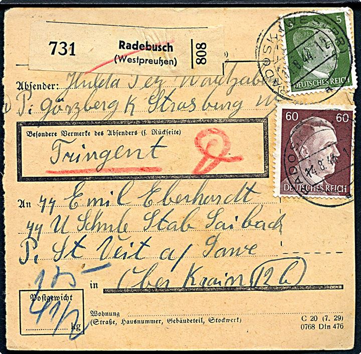 5 pfg., 50 pfg. og 60 pfg. (2) Hitler på for- og bagside af adressekort for pakke fra Radebusch (Westpreussen) d. 14.8.1944 til SS-soldat ved SS U Schule Stab Laibach Oberkrain via St. Viet a/ Sawe, Kärnten. 