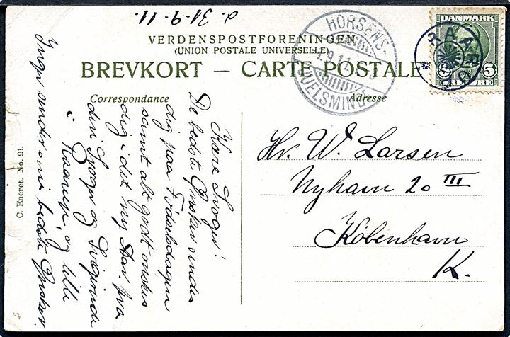 5 øre Fr. VIII på brevkort annulleret med stjernestempel RAARUP og sidestemplet bureau Horsens - Juelsminde T. 3 d. 31.9.1911 til København.
