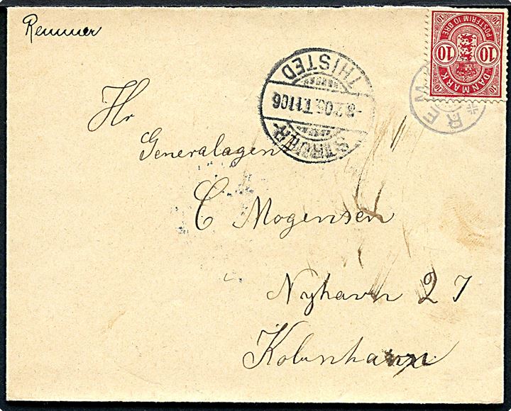 10 øre Våben på brev annulleret med stjernestempel REMMER og sidestemplet med bureau Struer - Thisted T.1106 d. 3.2.1905 til København.