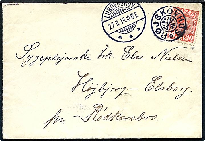10 øre Chr. X på brev annulleret med stjernestempel RØJSKOVHUS og sidestemplet Lunderskov d. 27.11.1914 til Rødkærsbro.