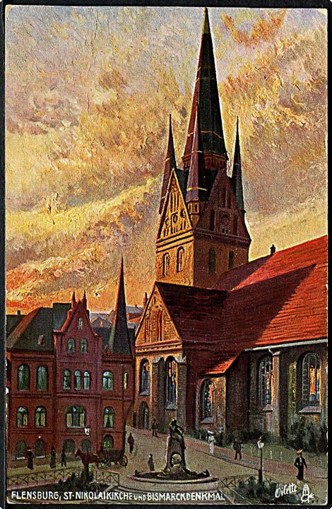 Tyskland. Flensburg, St. Nikolaikirche und Bismarckdenkmal. Raphael Tuck & Sons Oilette serie Flensburg no. 665 B. 