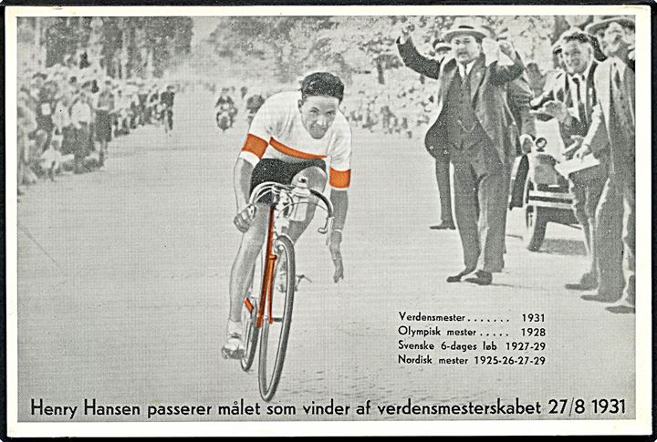 Henry Hansen passerer målet som vinder af verdensmesterskabet 27 / 8 1931. Olympic Cykler & Motor. Reklamekort. U/no. 
