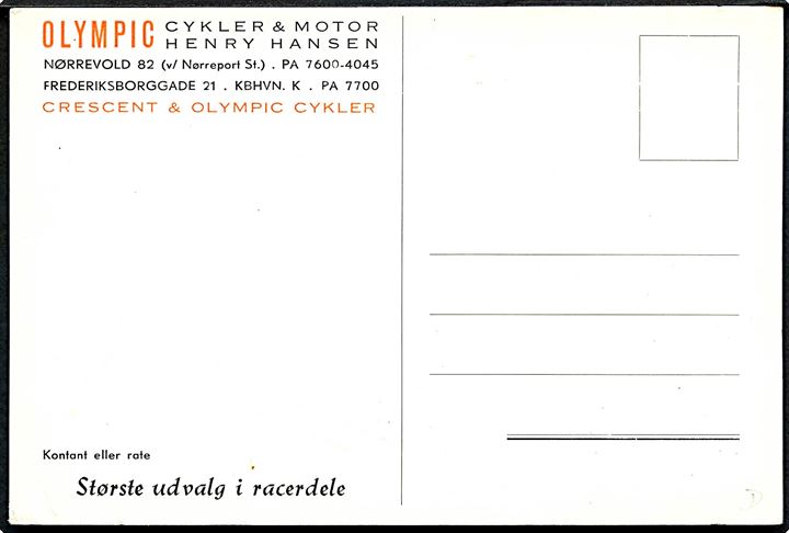 Henry Hansen passerer målet som vinder af verdensmesterskabet 27 / 8 1931. Olympic Cykler & Motor. Reklamekort. U/no. 