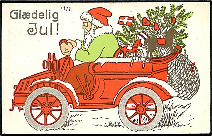Glædelig Jul. Julemand iført grøn kåbe, har automobil fyldt med gaver. Serie 212. 