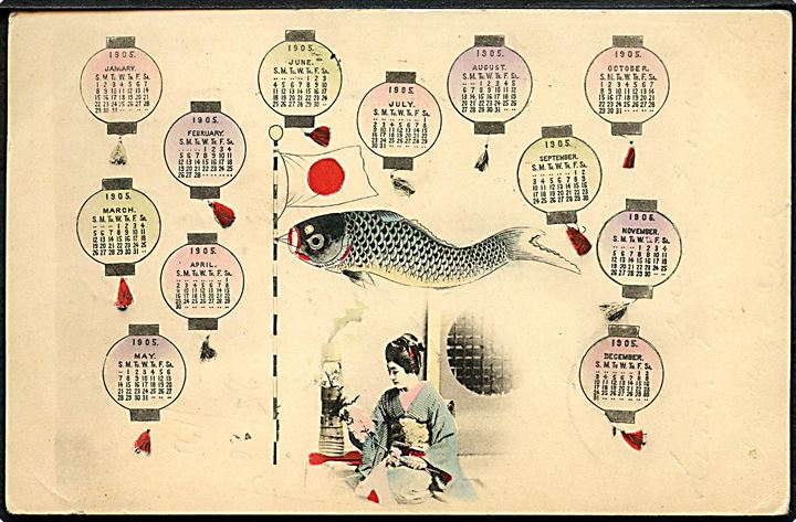 Japansk kalender, flag, fisk og kvinde. U/no. 