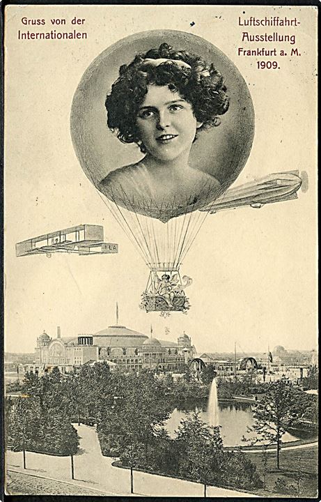 Tyskland. Frankfurt 1909. Gruss von der Internationalen Luftshifffahrt - Ausstellung. Luftballon, fly, Zeppeliner. L. Klement no. 18. 