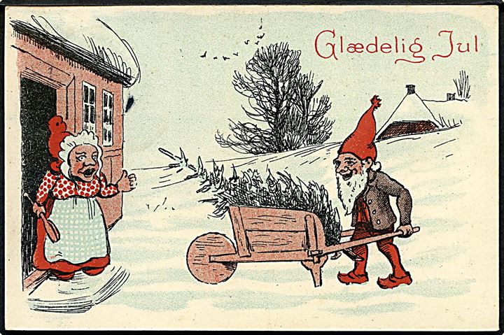 Ludvig Møgelgaard: Glædelig Jul. Nissefar kommer hjem til nissemor, med juletræ i trillebør. Alex Vincents, serie 316 / 3. 