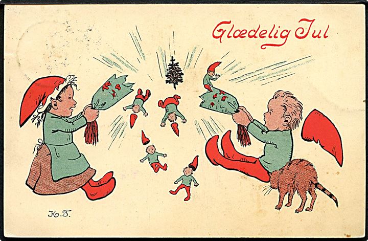 Helga Tesch: Glædelig Jul. Nisser hiver grøn knallert fra hinanden. Alex Vincents, serie 281 / 1. 