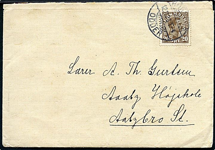 20 øre Chr. X på brev annulleret med bureaustempel Horsens - Odder T.4 d. 12.11.1928 til Åbybro.