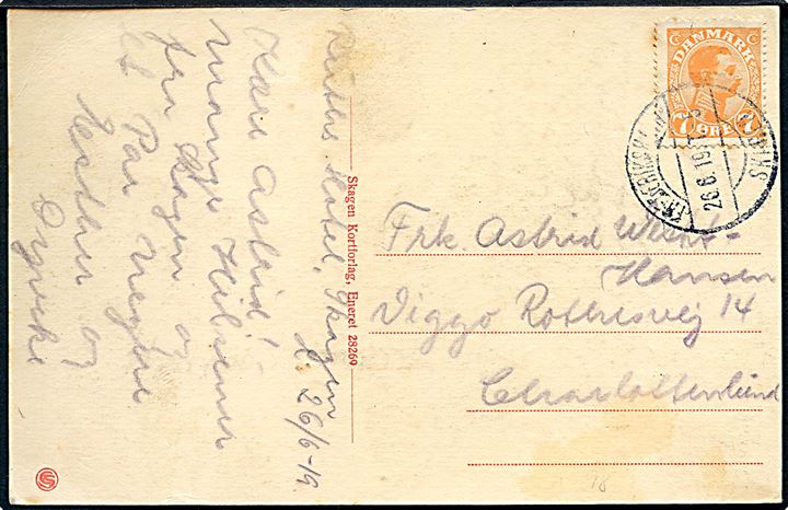 7 øre Chr. X på brevkort (Den tilsandede kirke) annulleret med bureaustempel Frederikshavn - Skagen T.5 d. 26.6.1919 til Charlottenlund.