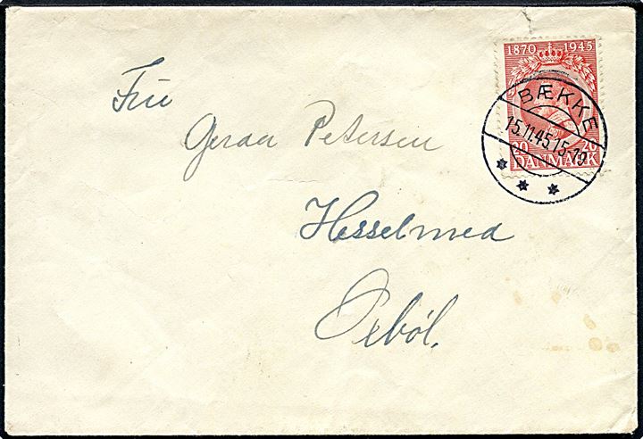 20 øre Chr. X 75 år på brev annulleret med brotype IIc Bække d. 15.11.1945 til Oksbøl.
