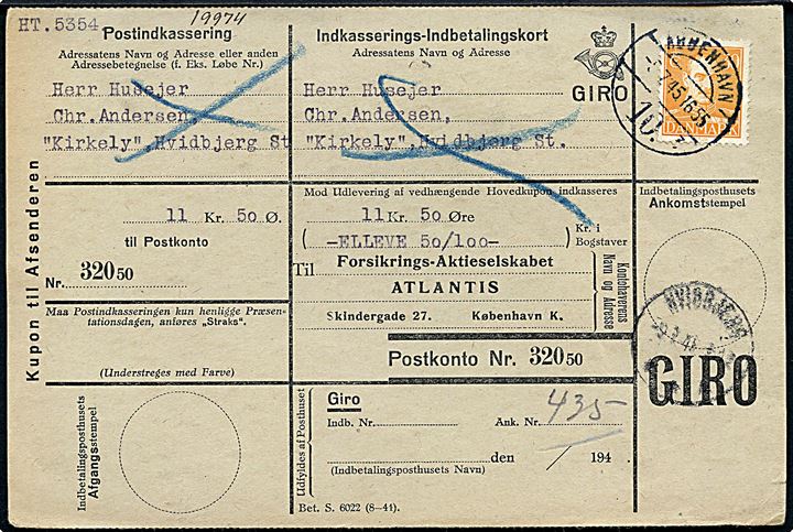 30 øre Chr. X single på retur Indkasserings-Indbetalingskort fra København d. 5.7.1945 til Hvidbjerg.