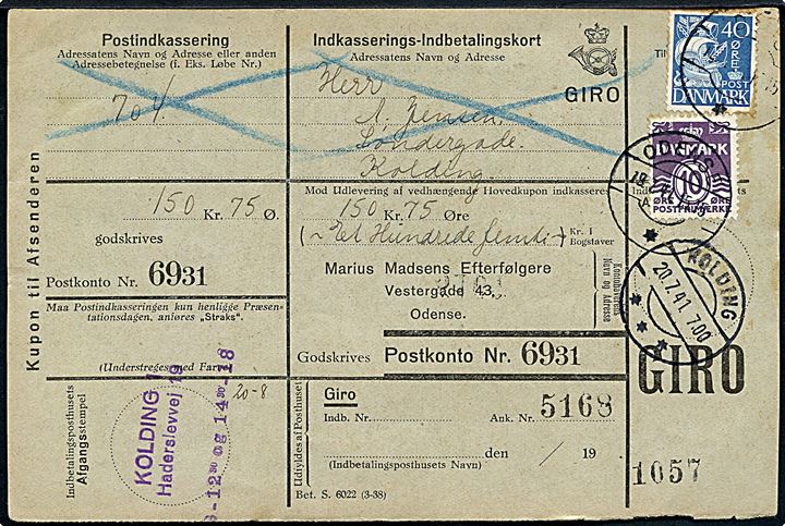 10 øre Bølgelinie og 40 øre Karavel på retur Indkasserings-Indbetalingskort fra Odense d. 19.7.1941 til Kolding.