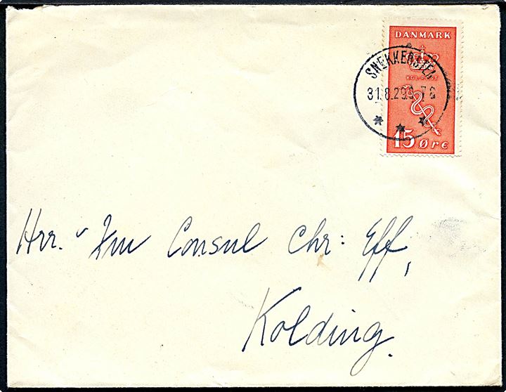 15+5 øre Kræftmærke single på brev annulleret med brotype IIIb Snekkersten d. 31.8.1929 til Kolding.