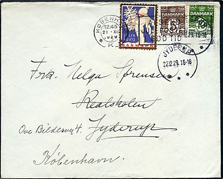 5 øre og 10 øre Bølgelinie og Julemærke 1929 på brev fra København d. 21.12.1929 til Jyderup - eftersendt til København.