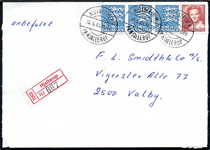 2,80 kr. Margrethe og 5 kr. Rigsvåben (3) på anbefalet brev annulleret med pr.-stempel Klokkerholm pr. Hjallerup d. 10.5.1985 til Valby.
