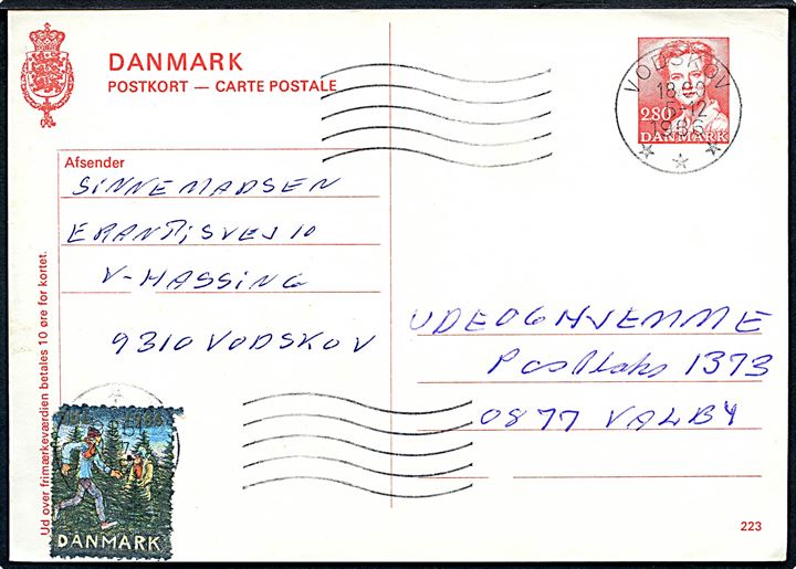 2,80 kr. Margrethe helsagsbrevkort (fabr. 223) med Julemærke 1986 fra Vodskov d. 5.12.1986 til Valby.