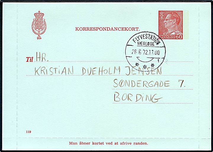 60 øre Fr. IX helsagskorrespondancekort (fabr. 119) med fuld rand annulleret med brotype IId Flyvestation Værløse sn1 d. 26.6.1972 til Bording.