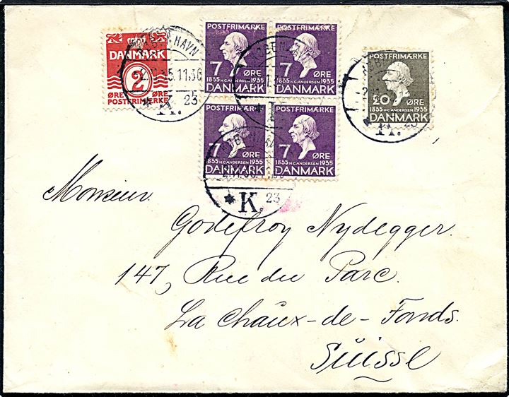 2 øre Bølgelinie, 7 øre (fireblok) og 20 øre H.C.Andersen udg. på brev fra København d. 2.11.1935 til La Chaux-de-Fonds, Schweiz. Mærker med skrammer.