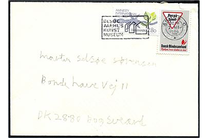 2,80 kr. Amnesty og Dansk Blindesamfund mærkat på brev fra Århus C d. 2.5.1986 til Bagsværd.