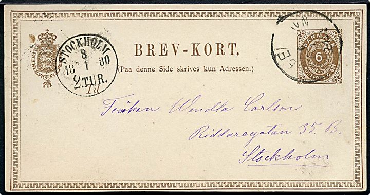 6 øre helsagsbrevkort fra Kjøbenhavn d. 5.1.1880 til Stockholm, Sverige.