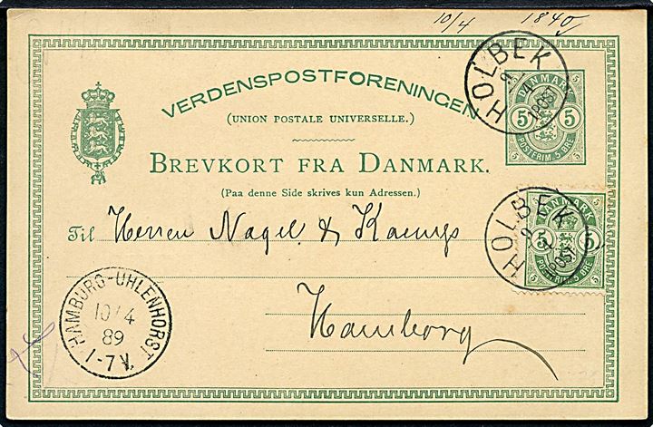 5 øre Våben helsagsbrevkort opfrankeret med 5 øre Våben annulleret med lapidar Holbek d. 9.4.1889 til Hamburg, Tyskland.