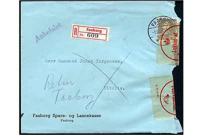 50 øre Chr. X single på anbefalet brev fra Faaborg d. 3.10.1945 til Ulbølle. Fejlagtigt åbnet og lukket med lukkeoblat formular A.61 (6-41) og returneret til Faaborg.